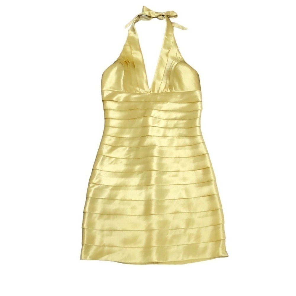 BCBGMAXAZRIA Cocktail Dress Size 0 Pastel Yellow Tiered Halter Neck Mini